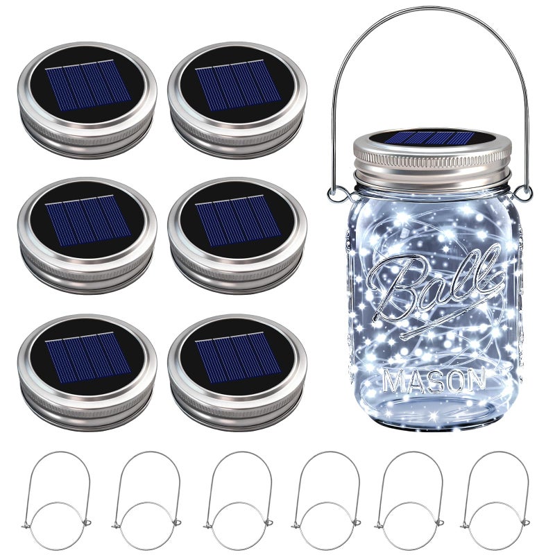 VOOKRY 6 Pack Solar Mason Jar Lights, 30 LED Mason Jar Lids Waterproof Firefly Fairy String Lights with 6 Hangers(No Jars), for Outdoor Patio Garden Yard Lawn Party Wedding Decoration - Cool White - Image 1